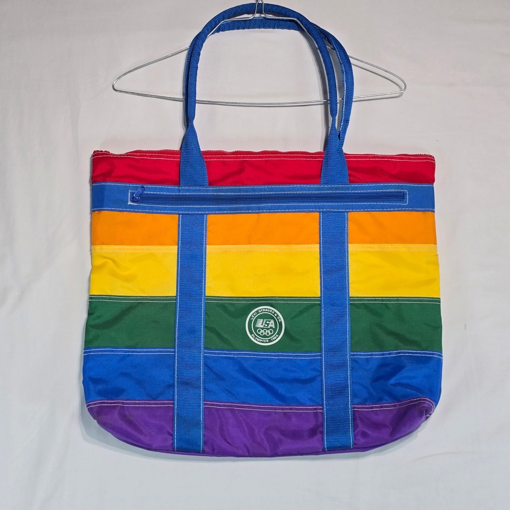 Vintage Levi Strauss 1984 USA Olympics Rainbow Striped Tote Bag Zippered Nylon
